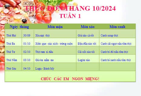 Thực đơn bán trú tuần 1 tháng 10/2024