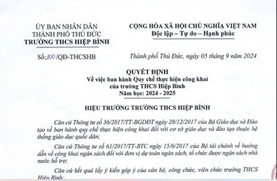 Quyết Định Về Việc Ban Hành Quy Chế Thực Hiện Công Khai Của Trường THCS Hiệp Bình Năm học 2024-2025.