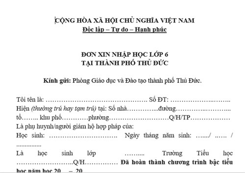 Đơn xin nhập học lớp 6 năm học 2024-2025 tại thành phố thủ đức.