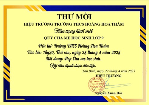 Thư mời dự họp phụ huynh học sinh lớp 9 - Năm học 2024-2025