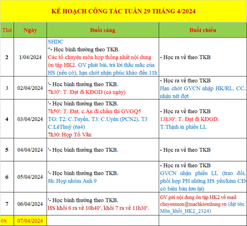 Lịch công tác tuần 29 (HKII - Năm học 2023 - 2024)