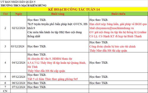 Lịch công tác tuần 14 - HKI (Năm học 2024 - 2025)