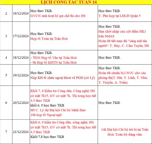 Lịch công tác tuần 16 _ HKI (Năm học 2024 - 2025)