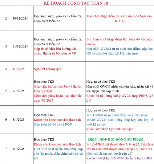 Lịch công tác tuần 18 - HKI (Năm học 2024 - 2025)