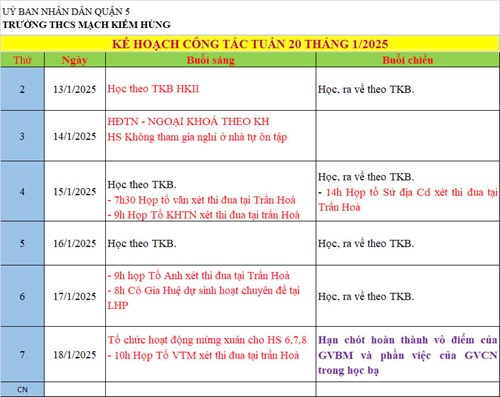 Lịch công tác tuần 20 - HKI (Năm học 2024 - 2025)