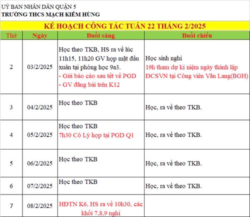 Lịch công tác tuần 22 - HKII (Năm học 2024 - 2025)