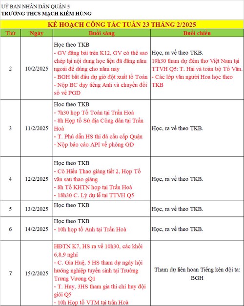 Lịch công tác tuần 23 - HKII (Năm học 2024 - 2025)