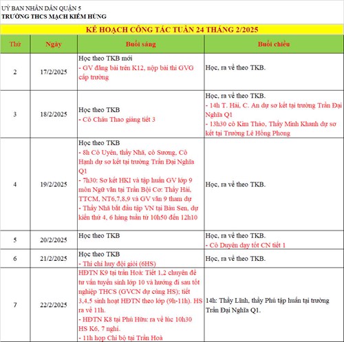 Lịch công tác tuần 24 - HK2 (Năm học 2024 - 2025)