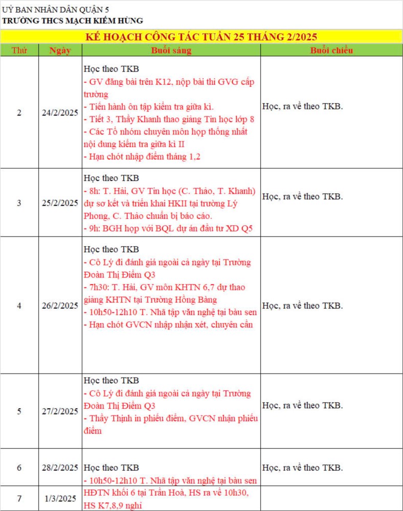 Lịch công tác tuần 25 - HK2 (Năm học 2024 - 2025)