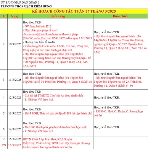 Lịch công tác tuần 27 - HK2 (Năm học 2024 - 2025)
