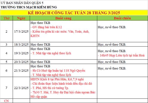 Lịch công tác tuần 28 - HK2 (Năm học 2024 - 2025)