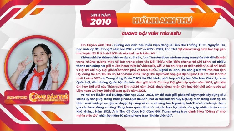 Tham gia bình chọn ứng cử viên công dân trẻ tiêu biểu tp. hồ chí minh bạn huỳnh anh thư - liên đội trưởng trường thcs nguyễn du