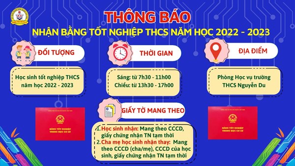 Thông báo nhận bằng tốt nghiệp thcs năm học 2022 - 2023