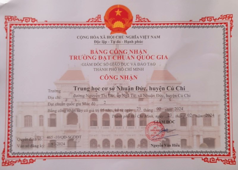Quyết định và Giấy chứng nhận Trường THCS Nhuận Đức đạt Chuẩn quốc gia mức độ 2