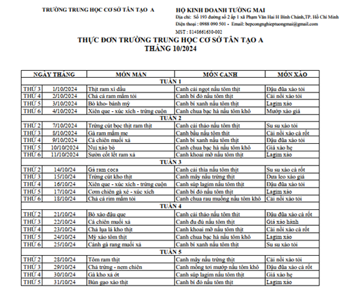 Thực đơn bán trú tháng 10/2024
