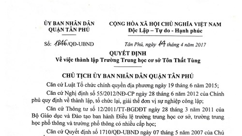 Quyết định thành lập Trường Trung học cở sở Tôn Thất Tùng