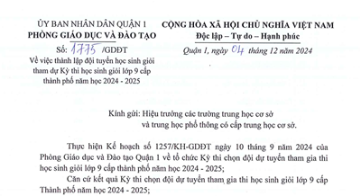 Danh sách đội tuyển học sinh lớp 9 tham dự Kỳ thi học sinh giỏi lớp 9 cấp thành phố năm học 2024-2025