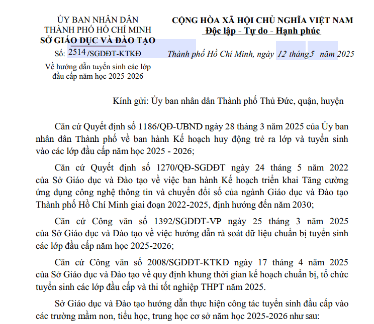 2514/SGDĐT-KTKĐ Về hướng dẫn tuyển sinh các lớp đầu cấp năm học 2025-2026