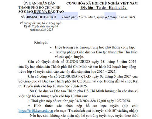 Hướng dẫn nộp hồ sơ trúng tuyển Kỳ thi tuyển sinh vào lớp 10 năm học 2024-2025