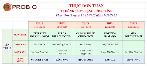 Thực đơn tuần 15 (11/12/2023-15/12/2023)