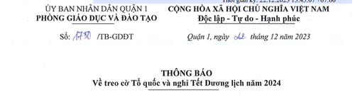 1750 /TB-GDĐT THÔNG BÁO Về treo cờ Tổ quốc và nghỉ Tết Dương lịch năm 2024