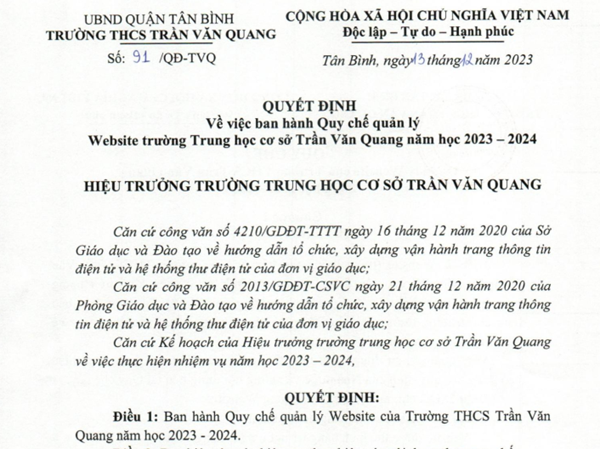 Về ban hành Quy chế quản lý Website trường THCS Trần Văn Quang năm học 2023-2024