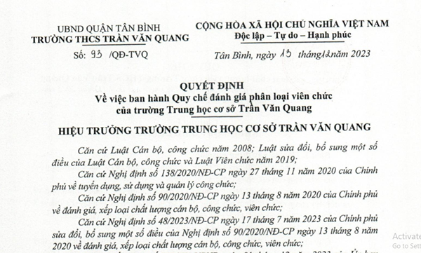Về ban hành Quy chế đánh giá phân loại viên chức của trường THCS Trần Văn Quang