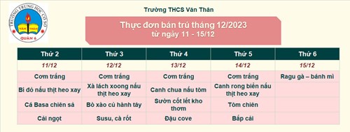 Thực đơn bán trú tháng 12/2023 ( từ ngày 11-15/12/2023)
