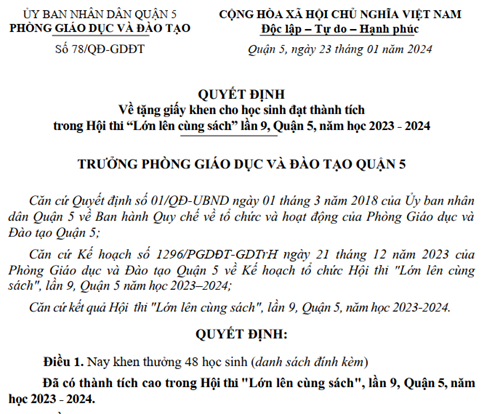 Kết quả Hội thi Lớn lên cùng sách lần 9 - Quận 5 năm học 2023-2024