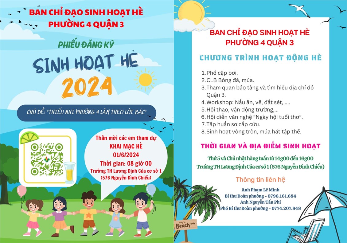 Mời các em học sinh, thiếu nhi tham gia sinh hoạt hè 2024 chủ đề  Thiếu nhi Phường 4 làm theo lời Bác 