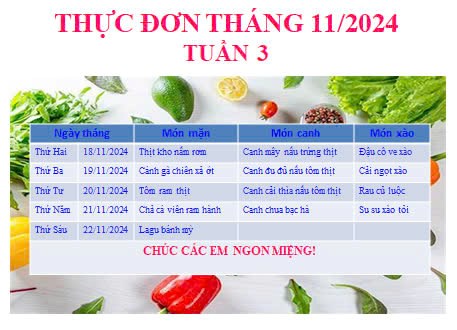 Thực đơn bán trú tuần 3 tháng 11.2024
