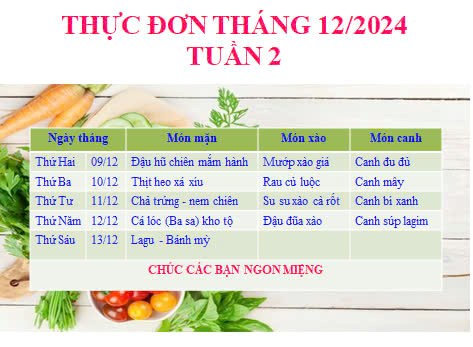 Thực đơn bán trú tuần 2 tháng 12.2024