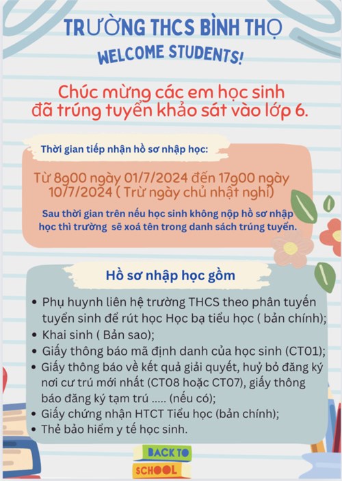 Thông báo: Trường THCS Bình Thọ tiếp nhận hồ sơ nhập học khối 6, năm học 2024-2025, cụ thể như sau: