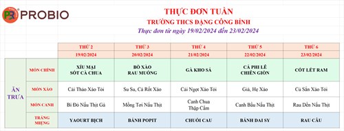 Thực đơn bán trú tuần 22
