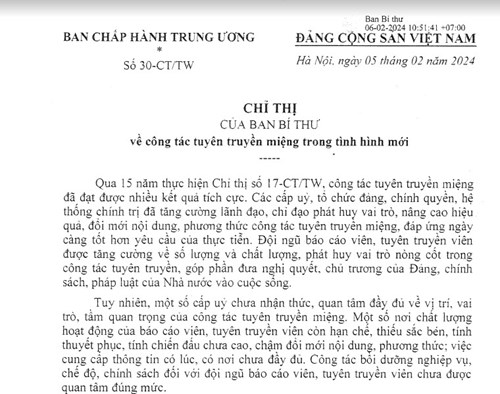 Chỉ thị số 30-CT/TW ngày 05/02/2024 của Ban Bí thư về công tác tuyên truyền miệng trong tình hình mới