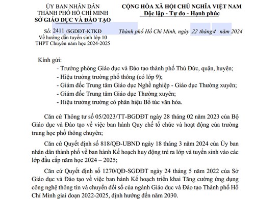 Hướng dẫn tuyển sinh lớp 10 THPT chuyên năm học 2024-2025