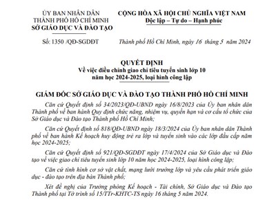 Quyết định điều chỉnh giao chỉ tiêu tuyển sinh lớp 10 năm học 2024-2025 loại hình công lập