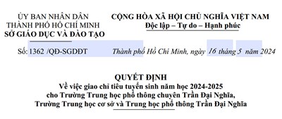 Quyết định giao chỉ tiêu tuyển sinh năm học 2024-2025 cho Trường THPT chuyên Trần Đại Nghĩa và Trường THCS-THPT Trần Đại Nghĩa