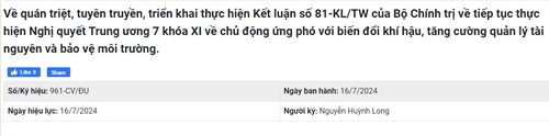 Kết luận số 81-KL/TW của Bộ Chính trị về tiếp tục thực hiện Nghị quyết Trung ương 7 khóa XI về chủ động ứng phó với biến đổi khí hậu, tăng cường quản lý tài nguyên và bảo vệ môi trường