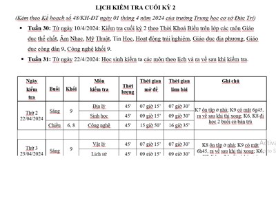 Lịch kiểm tra cuối kỳ 2 năm học 2023 - 2024