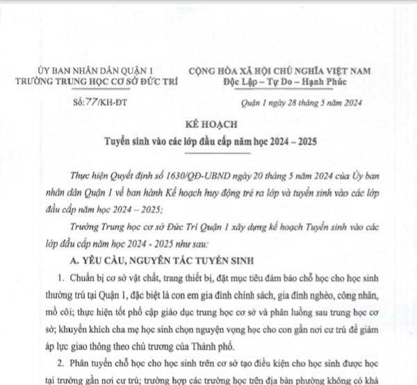 Kế hoạch Tuyển sinh vào các lớp đầu cấp năm học 2024 - 2025
