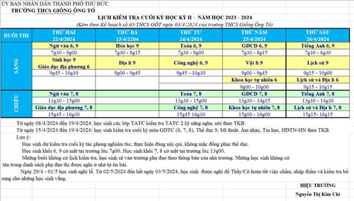 Lịch Kiểm tra cuối học kỳ II -  Năm học 2023 - 2024
