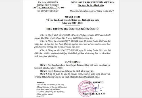Về việc ban hành Quy chế kiểm tra, đánh giá học sinh năm học 2024-2025