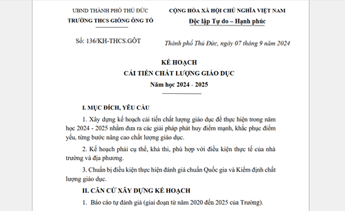 Kế hoạch cải tiến chất lượng giáo dục Năm học 2024 - 2025