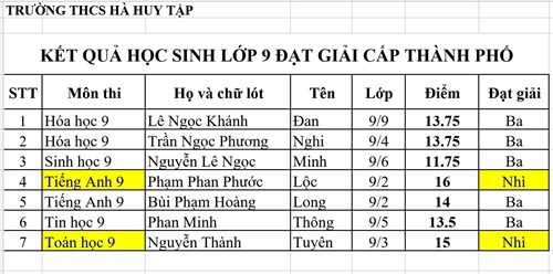 Kết quả học sinh giỏi lớp 9 cấp thành phố năm học 2023-2024