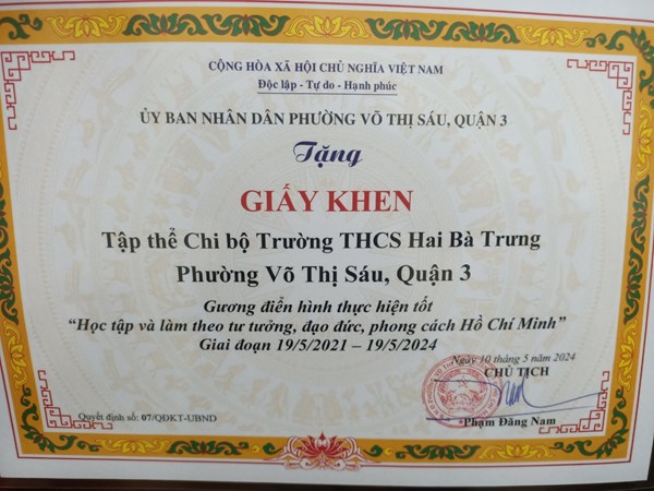 Chi bộ trường THCS Hai Bà Trưng đạt thành tích: Gương điển hình thực hiện tốt  Học tập và làm theo tư tưởng, đạo đức, phong cách Hồ Chí Minh  giai đoạn 2021 - 2024