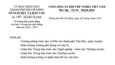 Hướng dẫn tuyển thẳng vào lớp 10 trung học phổ thông, năm học 2024-2025