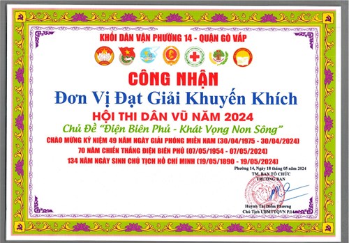 Trường Trung học cơ sở Huỳnh Văn Nghệ, được Chủ tịch Ủy ban Mặt trận tổ quốc Việt Nam Phường 14 công nhận đơn vị đạt giải Khuyến khích hội thi dân vũ năm 2024 - Chủ đề  Điện Biên Phủ - Khát vọng non sông  chào mừng kỷ niệm 49 năm ngày giải phóng miền Nam (30/04/1975 - 30/04/2024); 70 năm chiến thắng Điện Biên Phủ (07/05/1954 - 07/05/2024); 134 năm ngày sinh Chủ tịch Hồ Chí Minh (19/05/1890 - 19/05/2024)