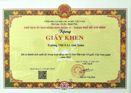 Trường THCS Lê Anh Xuân được nhận Giấy khen của Mặt trận Tổ quốc Việt Nam