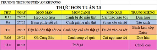 Thực đơn bán trú tuần 23